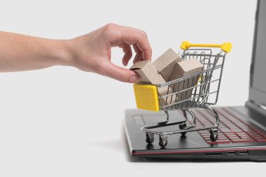 Kadının eli market sepetinden bir karton kutu alıyor. Bir çevrimiçi mağazadan eve mal taşıma kavramı.