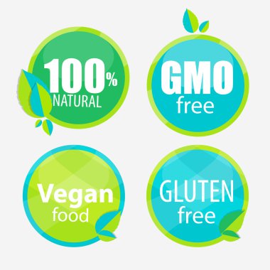 GDO ücretsiz, 100 Natutal, Vegan gıda ve Gluten ücretsiz etiket kümesi