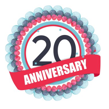 Balonlar ve şerit Vect ile şirin şablonu 20 yıl yıldönümü