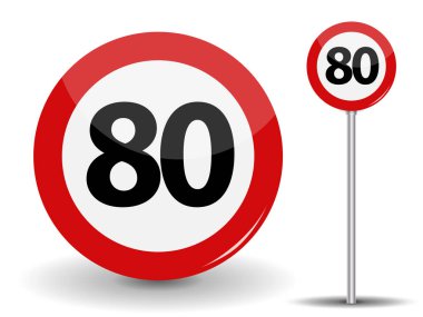 Yuvarlak kırmızı yol işareti hız sınırı saatte 80 kilometre. Vektör çizim.