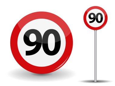 Yuvarlak kırmızı yol işareti hız sınırı saatte 90 kilometre. Vektör çizim.