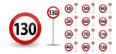 Yuvarlak kırmızı yol işareti hız sınırı saatte 10-130 kilometre. Vektör çizim.