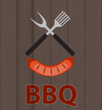 Barbekü Izgara araçları ve sosis ahşap arka plan üzerinde simgesiyle. Vektör çizim