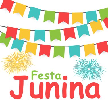 Festa Junina tatil arka plan. Geleneksel Brezilya June Festivali partisi. Yaz tatil. Şerit ve bayrakları ile vektör çizim