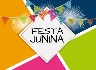 Festa Junina tatil arka plan. Geleneksel Brezilya June Festivali partisi. Yaz tatil. Şerit ve bayrakları ile vektör çizim