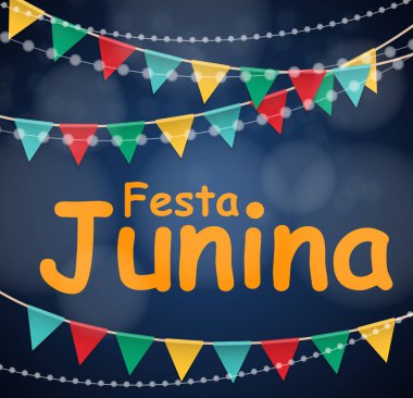 Festa Junina tatil arka plan. Geleneksel Brezilya June Festivali partisi. Yaz tatil. Şerit ve bayrakları ile vektör çizim