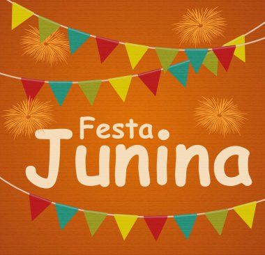 Festa Junina tatil arka plan. Geleneksel Brezilya June Festivali partisi. Yaz tatil. Şerit ve bayrakları ile vektör çizim