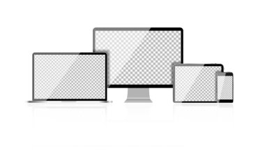 Gerçekçi bilgisayar Laptop, cep telefonu, Tablet Pc ekranda beyaz arka plan üzerinde izole soyut şeffaf duvar kağıdı ile. Vektör çizim