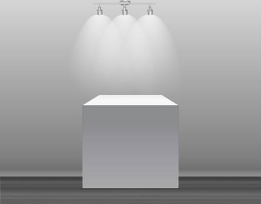 Gri arka plan aydınlatmalı Fuar konsepti, beyaz boş kutu, standı. İçerik şablonu. 3D vektör çizim