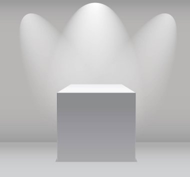 Gri arka plan aydınlatmalı Fuar konsepti, beyaz boş kutu, standı. İçerik şablonu. 3D vektör çizim