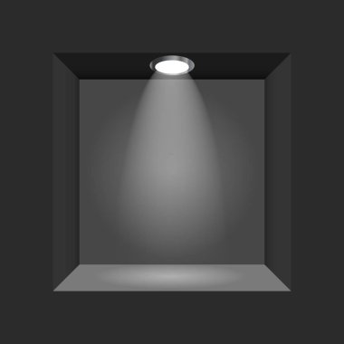 Sergi kavramı, siyah boş kutu, çerçeve aydınlatma ile. İçerik şablonu. 3D vektör çizim