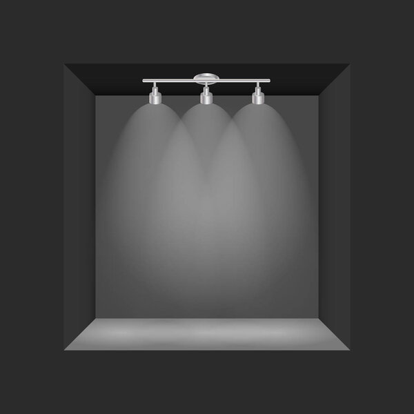 Exhibition Concept, Black Empty Box, Frame with Illumination. Template for Your Content. 3d Vector Illustration