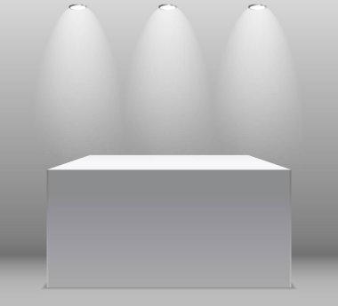 Gri arka plan aydınlatmalı Fuar konsepti, beyaz boş kutu, standı. İçerik şablonu. 3D vektör çizim