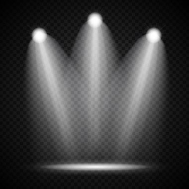 Gerçekçi parlak projektörler sahne ışıkları üzerinde şeffaf arka plan izole şeffaflık ile ışık efektleri ile lamba aydınlatma. Vektör çizim
