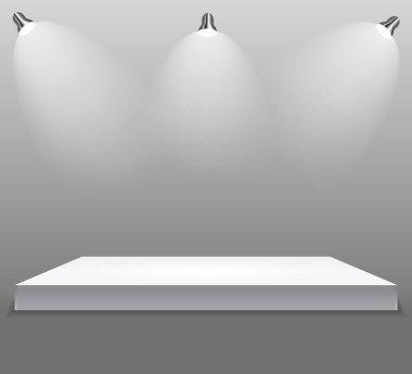 Sergi konsepti, beyaz boş raf aydınlatma gri arka plan üzerinde Stand. İçerik şablonu. 3D vektör çizim