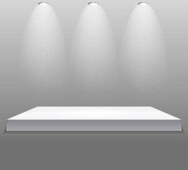 Sergi konsepti, beyaz boş raf aydınlatma gri arka plan üzerinde Stand. İçerik şablonu. 3D vektör çizim