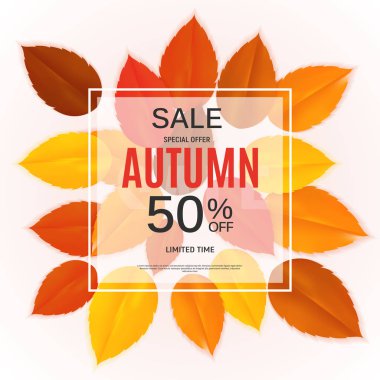 Parlak sonbahar yaprakları satışı büyük başlığı. İş indirim kartı vektör çizim