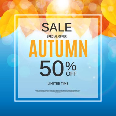 Parlak sonbahar yaprakları satışı büyük başlığı. İş indirim kartı vektör çizim