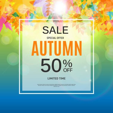 Parlak sonbahar yaprakları satışı büyük başlığı. İş indirim kartı vektör çizim