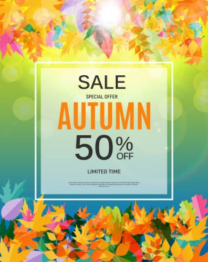 Parlak sonbahar yaprakları satışı büyük başlığı. İş indirim kartı vektör çizim