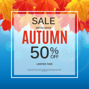 Parlak sonbahar yaprakları satışı büyük başlığı. İş indirim kartı vektör çizim