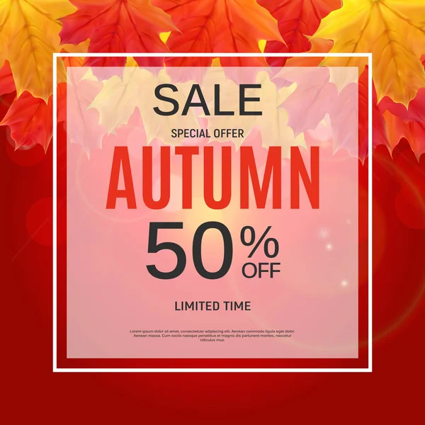 Parlak sonbahar yaprakları satışı büyük başlığı. İş indirim kartı vektör çizim
