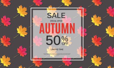 Parlak sonbahar yaprakları satışı büyük başlığı. İş indirim kartı vektör çizim