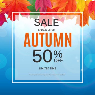 Parlak sonbahar yaprakları satışı büyük başlığı. İş indirim kartı vektör çizim
