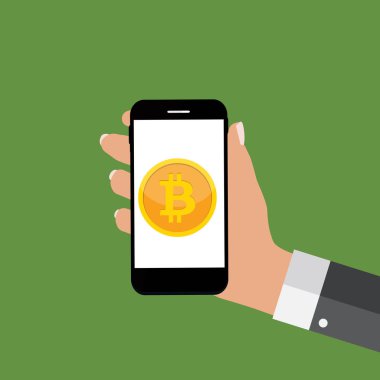 Düz modern tasarım konsepti bitcoin cryptocurrency teknoloji, madencilik, e-cüzdan