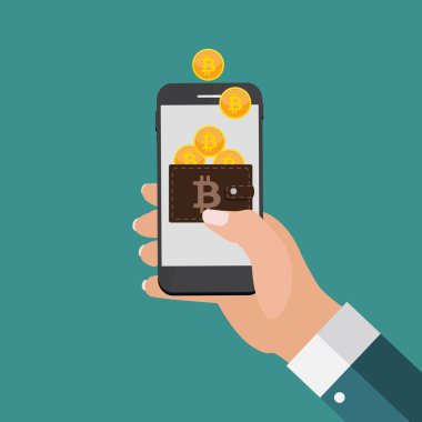 Düz modern tasarım konsepti bitcoin cryptocurrency teknoloji, madencilik, e-cüzdan