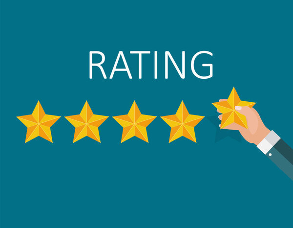 Плоская дизайнерская рука со звездным рейтингом. Система оценки и знак положительного отзыва. Векторная миграция
