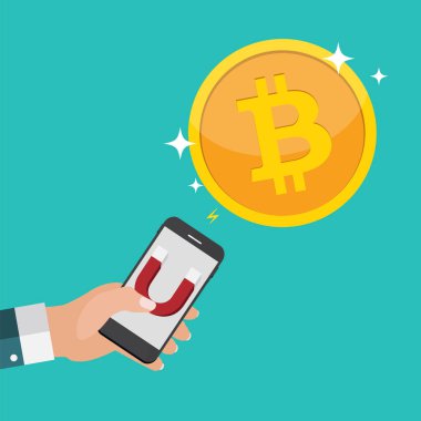 İş kavramı el tutun mıknatıs çekmek bitcoins. Vektör çizim
