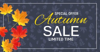 Parlak sonbahar yaprakları satışı büyük başlığı. İş indirim kartı vektör çizim