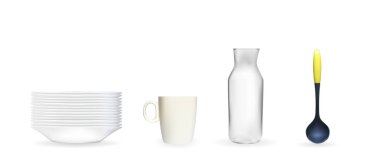 Gerçekçi kümesi bir derin beyaz tabak, Kepçe, Cam Kavanoz, cup 3 boyutlu model. Vektör çizim