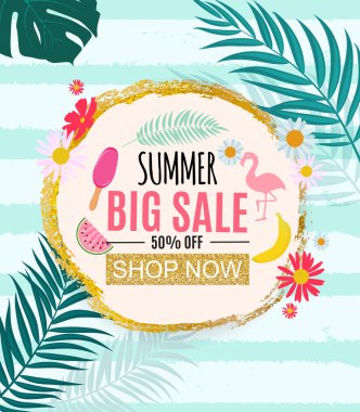 Vektör çizim yaz Satılık soyut Banner arka plan ile palmiye yaprakları