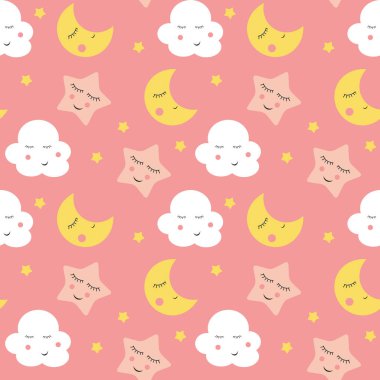 Şirin bulutlar, Star ve uyduları Dikişsiz desen arka plan vektör çizim