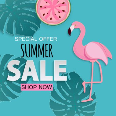 Flamingo ve yaprakları ile soyut tropikal yaz Satılık arka plan. Vektör çizim