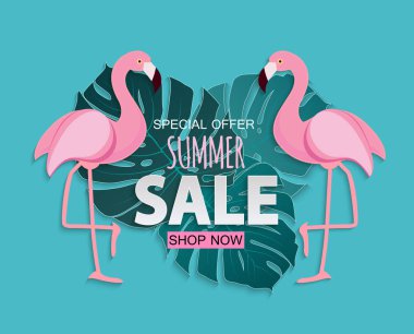 Flamingo ve yaprakları ile soyut tropikal yaz Satılık arka plan. Vektör çizim