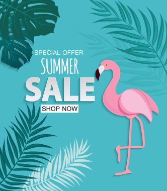 Flamingo ve yaprakları ile soyut tropikal yaz Satılık arka plan. Vektör çizim