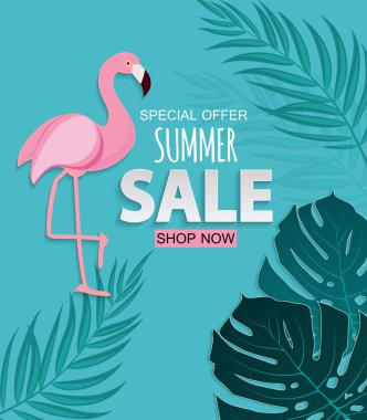 Flamingo ve yaprakları ile soyut tropikal yaz Satılık arka plan. Vektör çizim