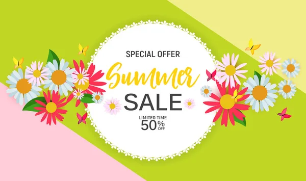 Abstract Flower Summer Sale Background with Frame. Vector Illustration