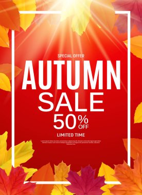 Parlak sonbahar yaprakları satışı büyük başlığı. İş indirim kartı vektör çizim