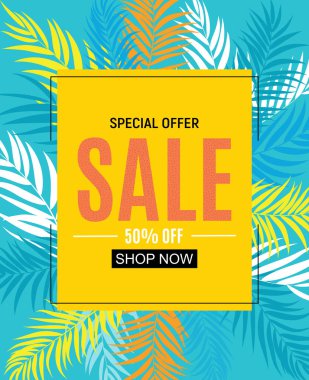 Palm Leaves ile Soyut Satış Arkaplanı. Vektör İllüstrasyonu