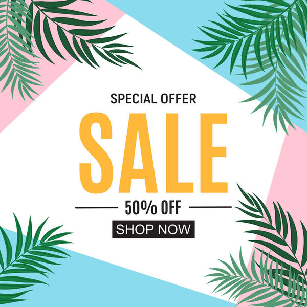 Абстрактный продажный фон с пальмовыми листьями. Векторная миграция
