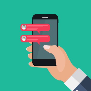 Akıllı telefon ekranında sohbet mesajı kabarcıkları, sosyal ağ konsepti. Vektör çizimi. EPS10