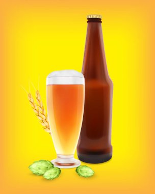 Hop bitki, buğday ve şişe bira cam