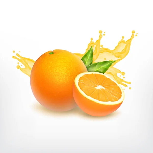 Fruta de naranja y zumo salpicado — Vector de stock