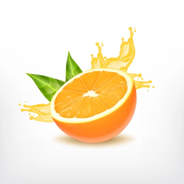 Fruta naranja con zumo salpicante — Vector de stock