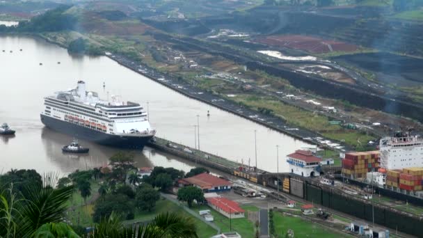 Navio de cruzeiro (Hollandamerica cruise Line) no Canal do Panamá — Vídeo de Stock