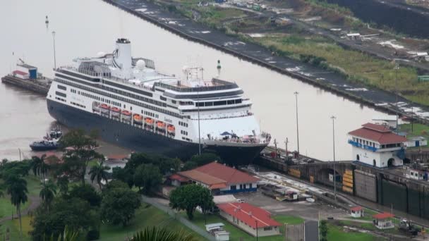Kreuzfahrtschiff (hollandamerica cruise line) im panamakanal — Stockvideo